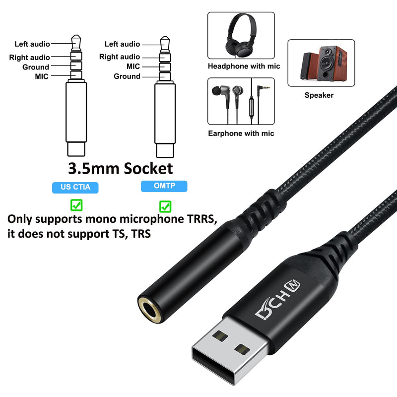 DCHAV USB to 3.5mm Jack Audio Adapter Headphone Microphone External Sound Card AUX USB Type A to 3.5 mm Cable 4 Pole TRRS Female Interface Line Control for PC Laptop Speaker Headset PS4 PS5, Black
