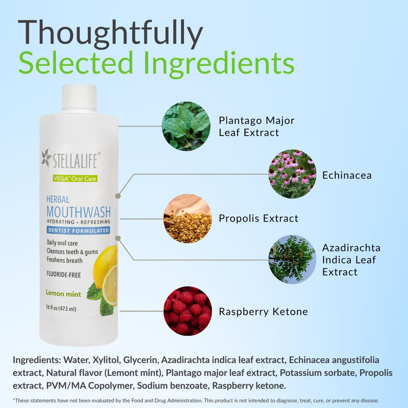 StellaLife Wellness Herbal Mouthwash – Natural Hydrading Alcohol-Free Oral Solution for Halitosis/Bad Breath Relief (Not Vega Rinse) Lemon Mint
