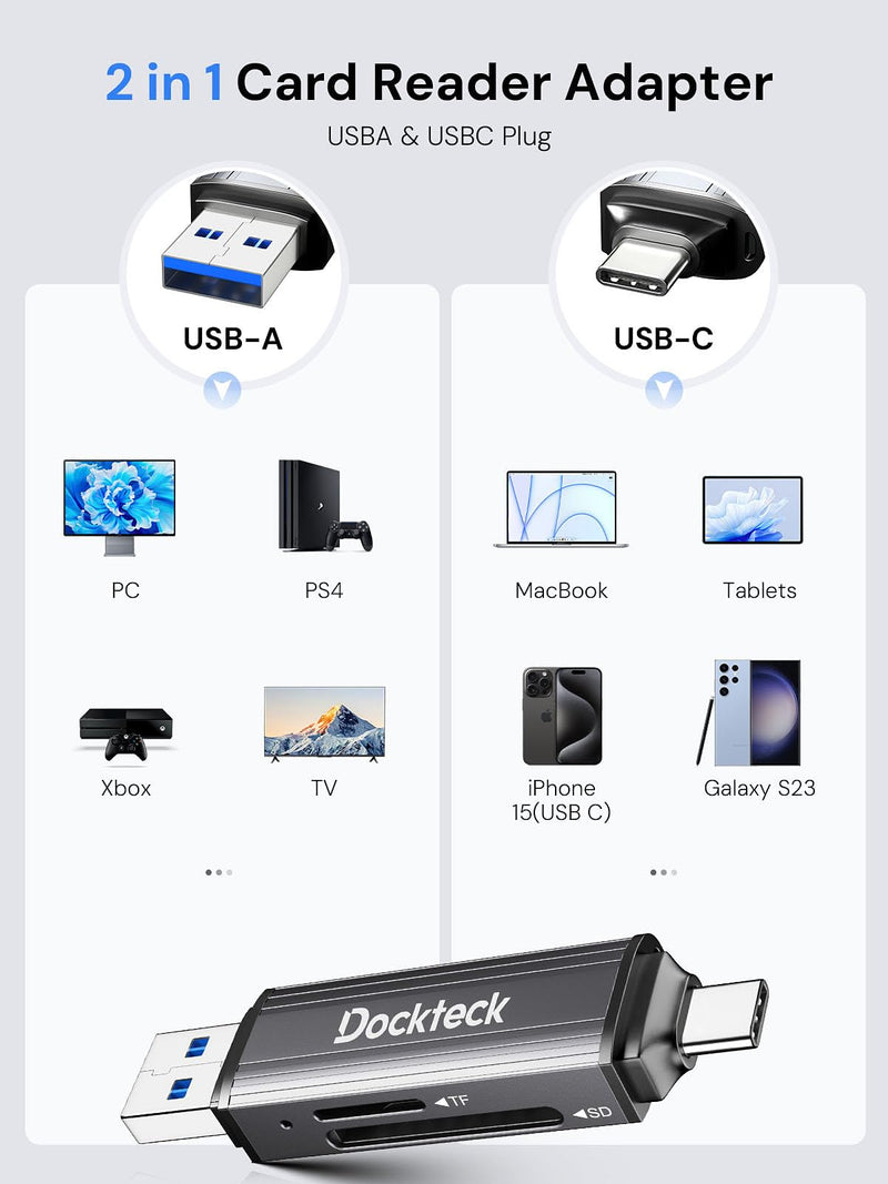 SD Card Reader, Dockteck USB 3.0 Card Reader to Micro SD Card Adapter to SD TF Memory Stick, Dual-Slot OTG Reader for UHS-I SD/Micro SD/SDHC/SDXC/MMC, for MacBook,iPad Pro/Air, iPhone 15, Android USB3.0 A/M&C/M TO TF/SD