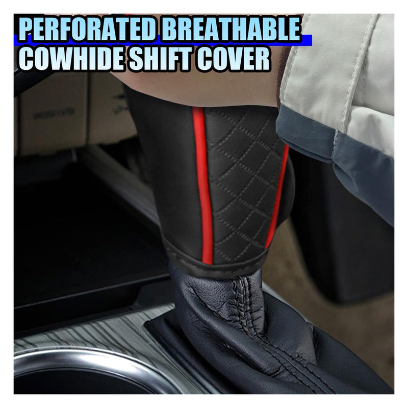 Leather Car Gear Shift Knob Cover, Anti-Slip Breathable Car Shifter Lever Cover, Automatic Shift Knob Handle Protector, Universal Auto Interior Decorative Accessory for Sedan, SUV (Black/Red) Black/Red