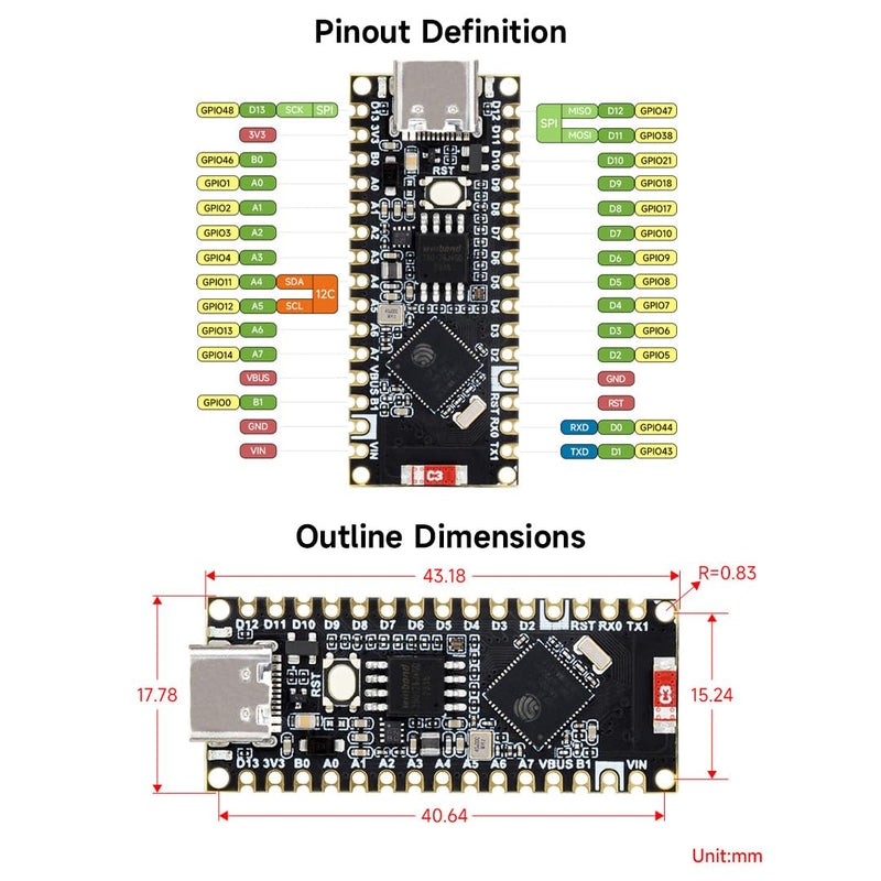 Waveshare ESP32-S3-Nano Development Board, Based On ESP32-S3R8, Compatible with Arduino Nano ESP32, with pre-soldered Header