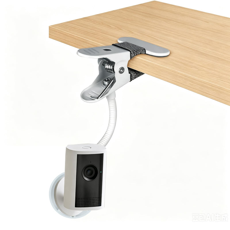 2 Pack Clip Mount Compatible with Ring Indoor Cam Plus/Pan-Tilt Indoor Cam | No Drill Adjustable Flexible Clamp Stand Bracket, 1/4" Threaded Holder for Desk, Crib, Nursery, Shelf, Pillar, White