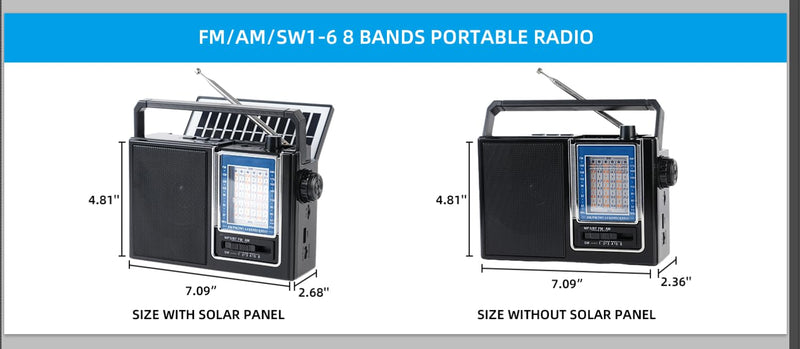 Portable Radio AM FM,Bluetooth, Rechargeable Retro Radio with Best Sound, Solar/D Battery*2pcs Operated/USB Charging, TWS, Support TF Card/USB Playing,Earphone Jack(Model RX-252S)
