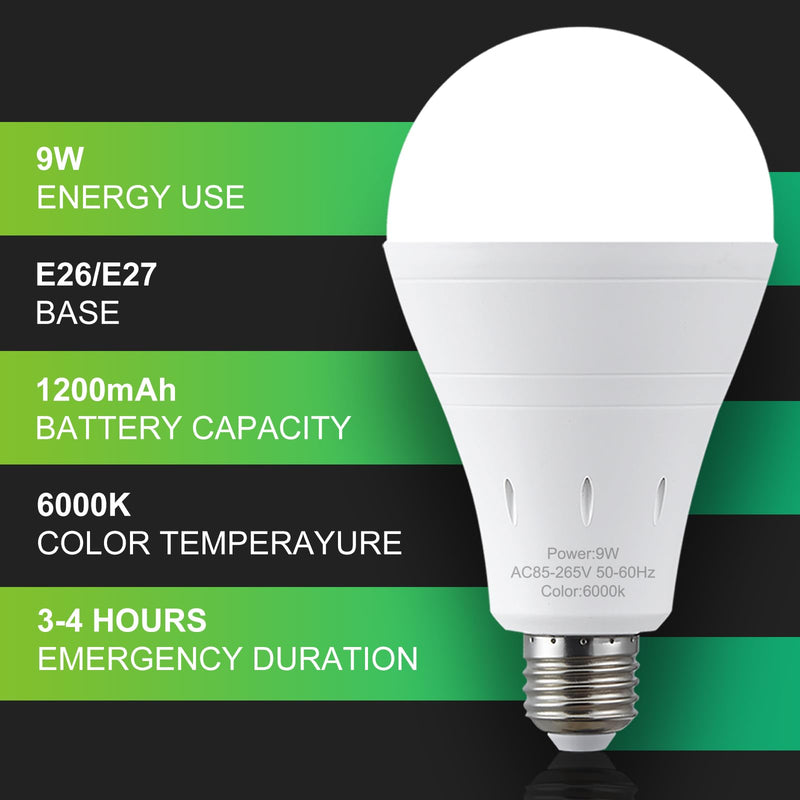 DEBAOBULB 6 Pack Rechargeable Emergency Light Bulbs, Battery Powered LED Light Bulb 6000K Daylight E26 120 Volt 9W 60W Equivalent with 1200mAh for Home Power Outage Camping Hurricane 6 Packs