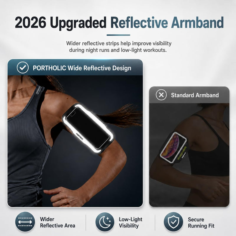 PORTHOLIC Running Armband Phone Holder with Earphone Pouch Fits up to 6.9" | Cell Phone Arm Bands for Runners Workout with Card Slot & Extension Strap for iPhone 17/16/15/14/13 Plus Air Pro Max XR/XS Black(Up to 6.9'')