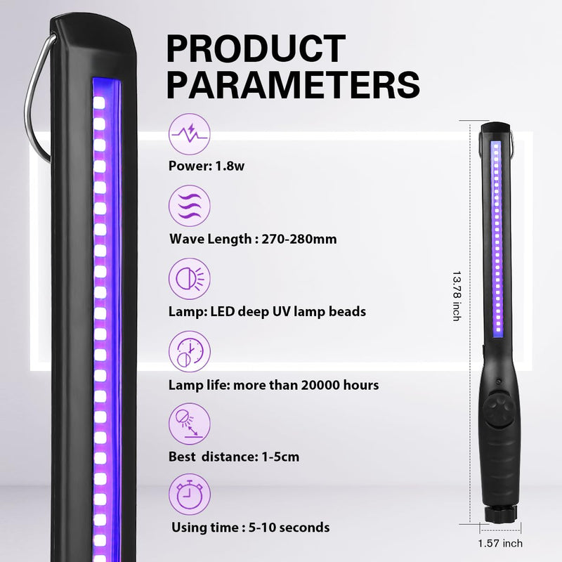 UV Light Sanitizer, Portable UV Light Disinfection Lamp USB Rechargeable Ultraviolet Light Sanitizer for Home Hotel Travel Car Kills 99% of Germs Viruses & Bacteria UV Light Sanitizer Wand 1 Pack