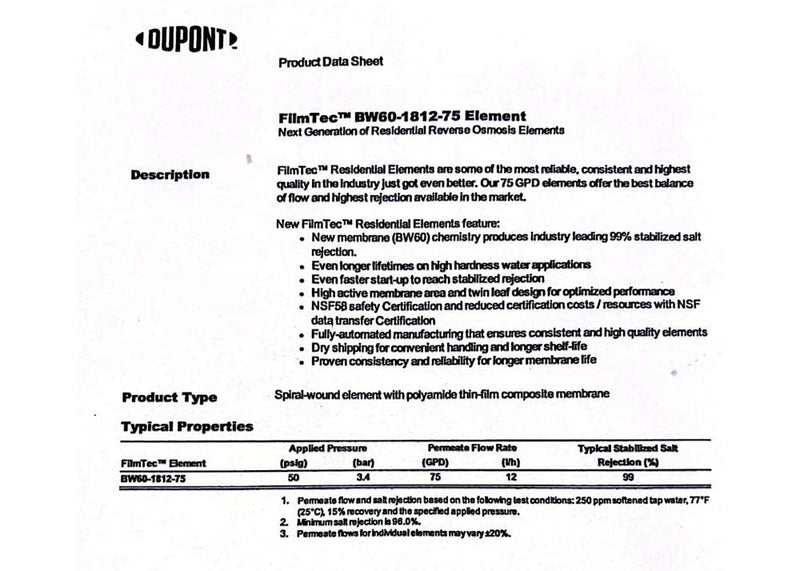 FilmTec, BW60-1812-75 75 gpd TFC Membrane for Undersink Reverse Osmosis (RO) System (Replaces Model TW30-1812-75)