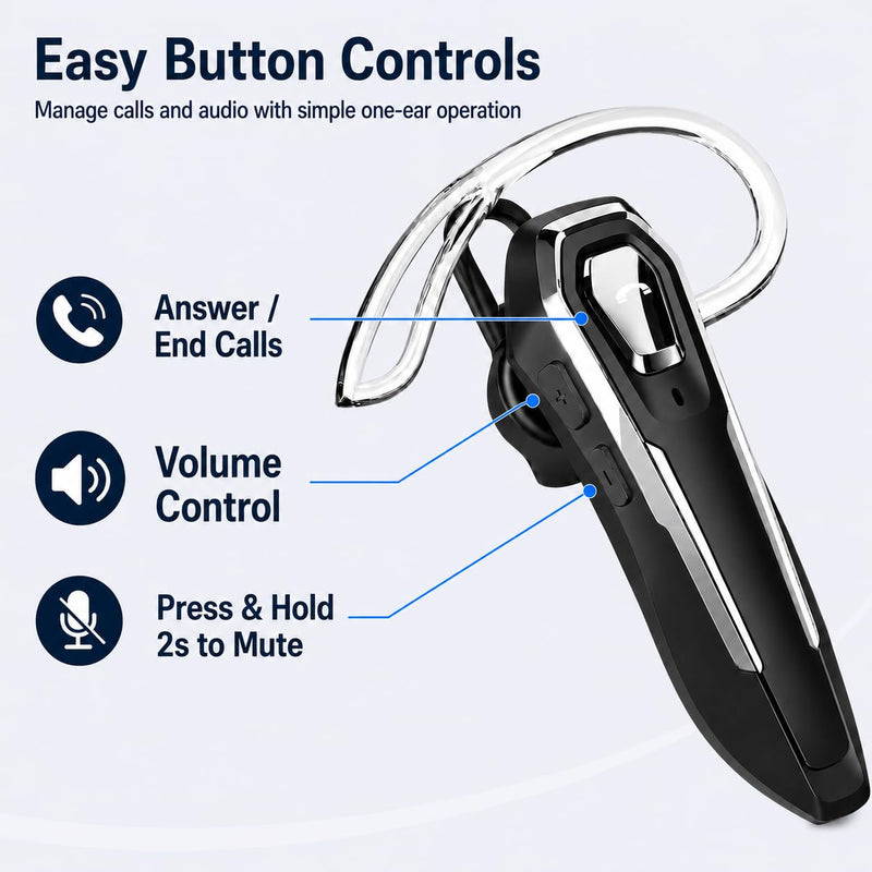 Sliver Bluetooth Earpiece with Mic, Mono Wireless Headset, 30H Call Time, Dual MEMS Mics, Mute Button, USB-C Charging, Voice Assistant, for Office Driving Cell Phones