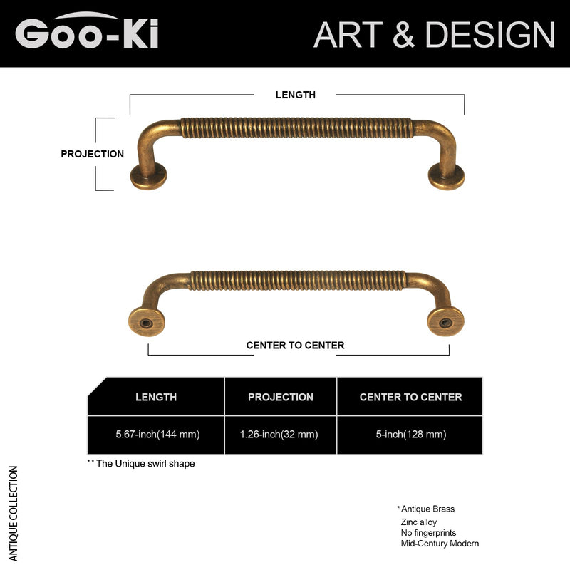 Goo-Ki Antique Brass Cabinet Pulls 5 Inch Hole Centers 6 Pack | Solid Zinc Alloy With Retro Coin-Edge Ribbed Grip For Kitchens, Bathroom Vanities, Drawer, Dressers, Cupboards, And Wardrobes 5" Center to Center