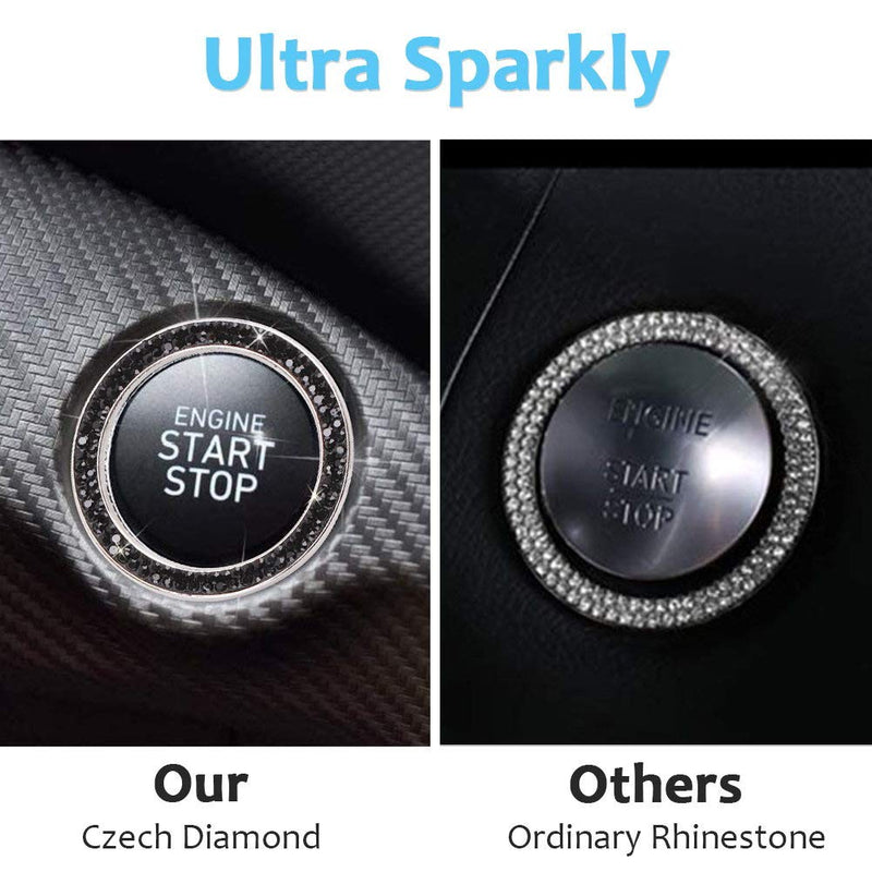 Bling Car Crystal Rhinestone Ring Emblem Sticker, Car Interior Decoration, Bling Car Accessories for Women, Push to Start Button, Key Ignition Starter & Knob Ring (Black) H-dark Black