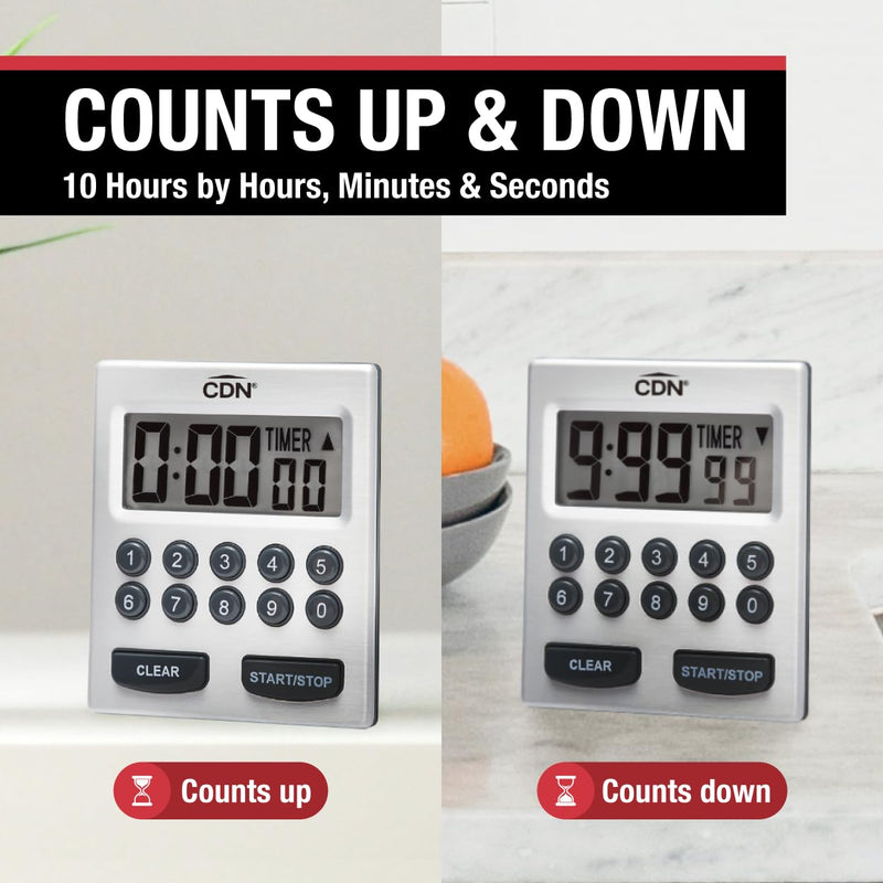 CDN Direct Entry 2- Alarm Digital Kitchen Timer | Counts Up & Down, 10 Hours by Hours, Minutes & Seconds, Big Digit, Loud & Long Audio/Vibrate Alarm, Stand, Hang, Magnet Mounting - TM30