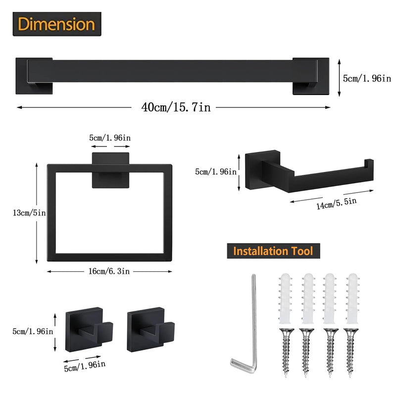 JOPOFI 5 Piece Towel Bar Set - 15.7Inch Bathroom Towel Holder - Matte Black | Stainless Steel Towel Racks for Bathroom Wall Mounted, Bathroom Hardware Accessories Set Matte Black（5 Piece） 15.7 inch