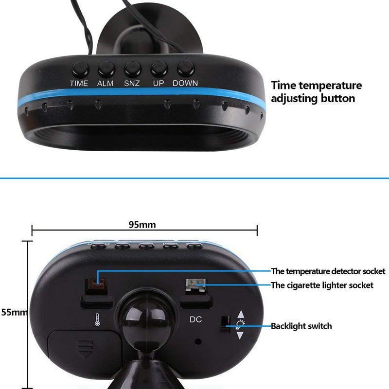 Car Thermometer LCD Digital Clock - MASO 12-24V Multifunctional Temperature Voltmeter Gauge Electronic Clock Alarm Monitor with 2 Backlights