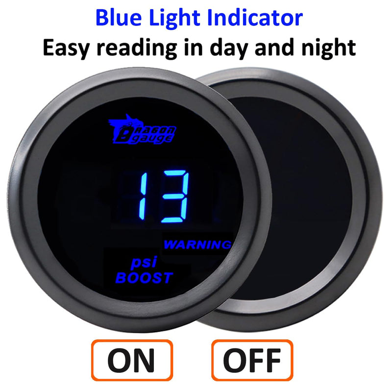 Car Boost Gauge 12V Auto Boost Psi Gauge 2" 52mm Turbo Boost Gauges Meter Digital Blue Light Instruments -30-0 - 30 Psi Smoke Tint Len with Sensor Blue Light Boost Gauge Psi