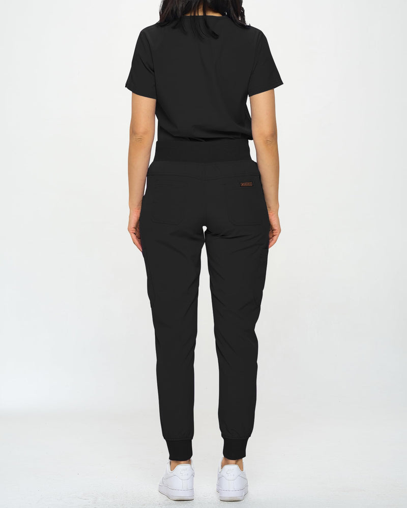 Monarch Uniforms Slim Fit Stretchy Scrubs Women's Jogger Scrub Set Slim Jogger Scrubs with Tuck-In Top for Women Black Medium Regular
