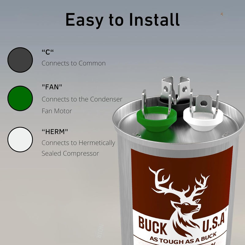 Buck 40+5uF 40/5 MFD ±6% CBB65B Dual Run Round Start Capacitor - Ideal for HVAC Systems, Air Conditioner Unit Fan Motor Start, Heat Pump, & Condenser Straight Cool Applications 370/440VAC 50/60Hz 40+5 µF 1