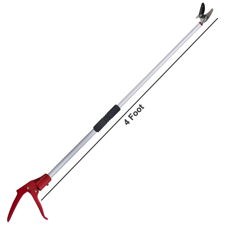 Tree Trimmer, 4 Foot Pole Pruner, Long Reach Pruning Shears, Cut and Hold Garden Clippers, Aluminum Lightweight Handle Fruit Picker, Branch Bypass Loppers
