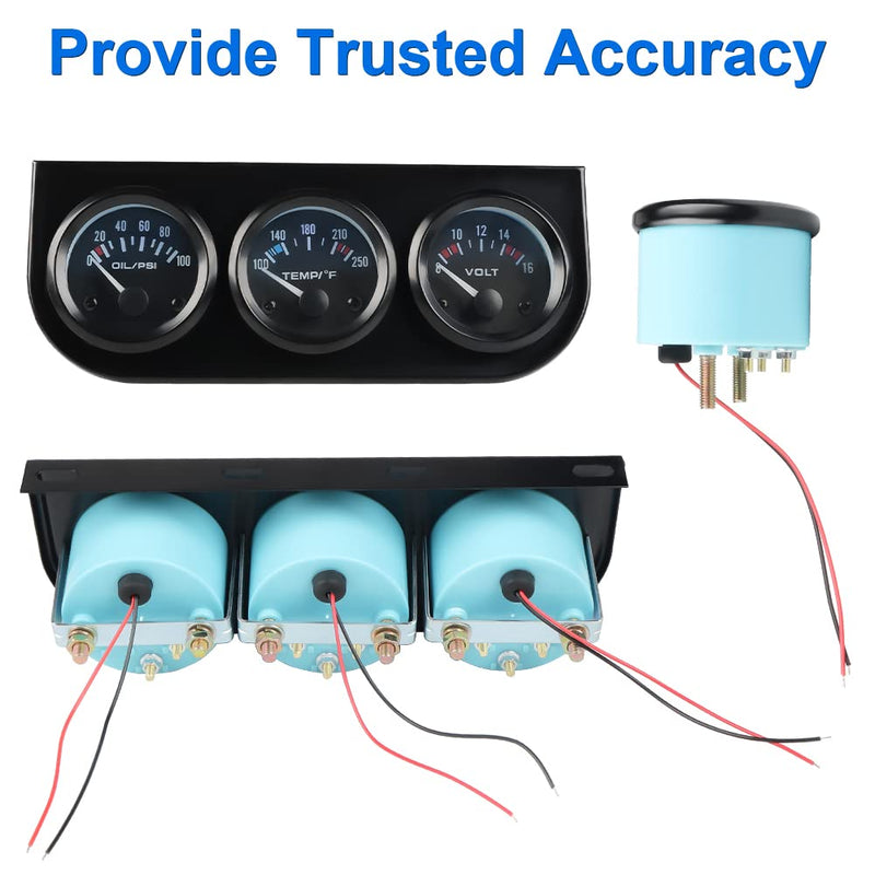 WATERWICH 3-in-1 Car Marine Meter Auto Gauge Kit: Voltmeter + Water Temperature + Oil Pressure Gauge, 2" (52mm), Universal for Car, SUV, Truck, Motorcycle, Tractor & Marine Engines Black