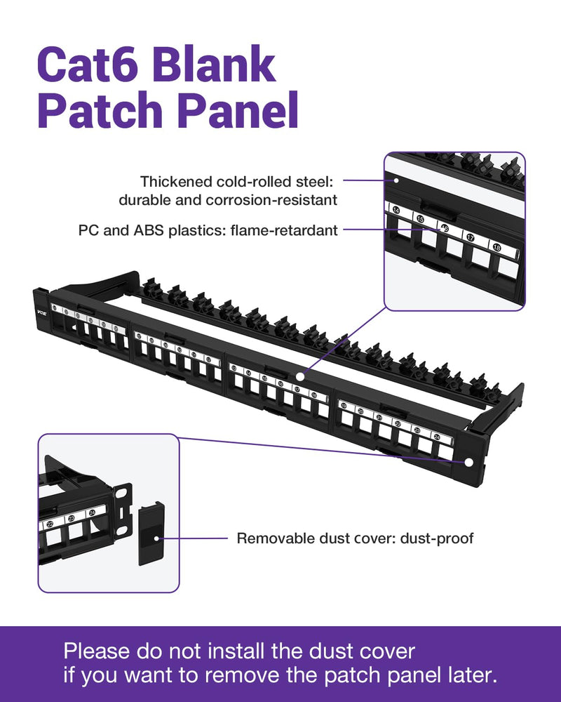 VCE Cat6 Patch Panel 24 Port, 1U Blank Removable Panel with Adjustable Rear Cable Management Bar for RJ45, HDMI, Coax, Speaker Keystones, 19 inch, 1 Pack