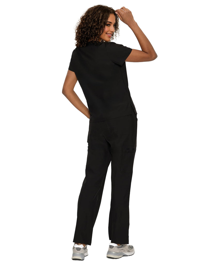 floralhue Scrubs for Women, V-Neck Scrubs Top & Cargo Pants with 12 Pockets, Yoga Waistband, 4 Way Stretch Large Black
