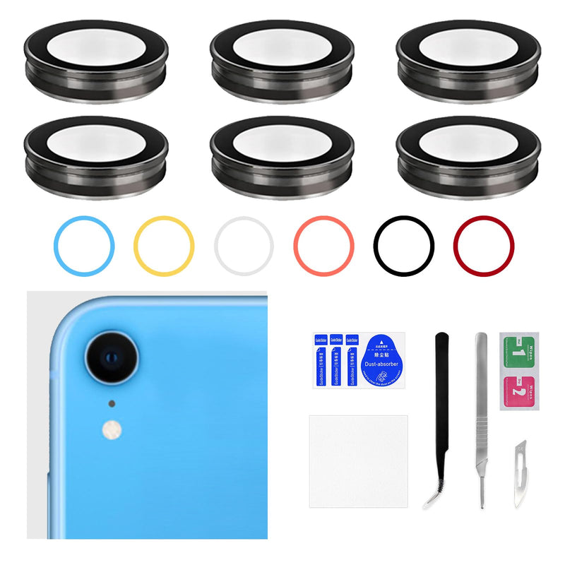 for iPhone XR 6 Sets Blue Black White Yellow Coral Red 6 Color Back Camera Lens Replacement for iPhoneXR HD Tempered Repair Rear Camera Lens Metal Frame Cover with Fix Tool Kit