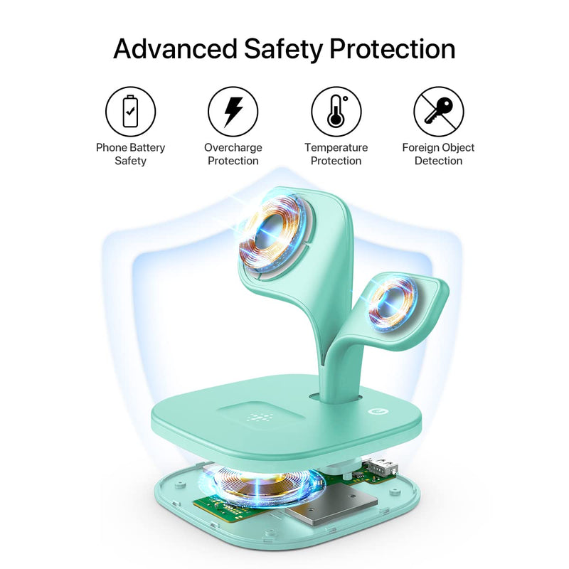 EXW Charging Station, Magnetic Wireless Charger,5 in 1 Fast Mag-Safe Wireless Charger Stand for iPhone 17/Air/16/15/14/13/12 Pro/Max/Mini/Plus, Apple Watch 10/9/ 8/7/6/SE/5/4/3/2 and Airpods 3/2/Pro Green