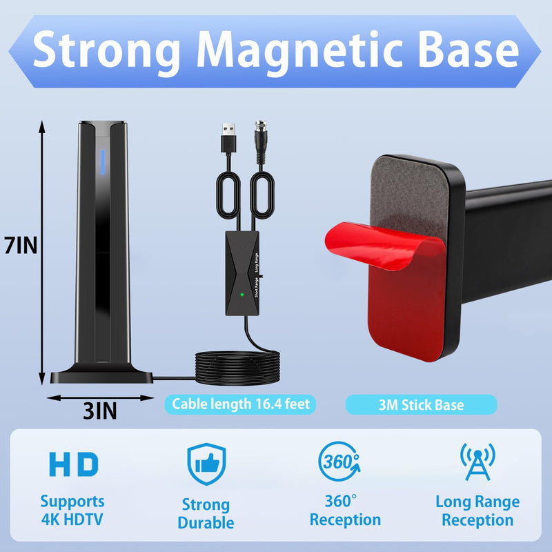 Digital TV Antenna Indoor, 2026 HD Antenna for Smart TV with 3M Stick Base 360°&Long Range Reception for Local Channels, Easy Setup Antena Without Cable(7.0 in) 7.0 IN