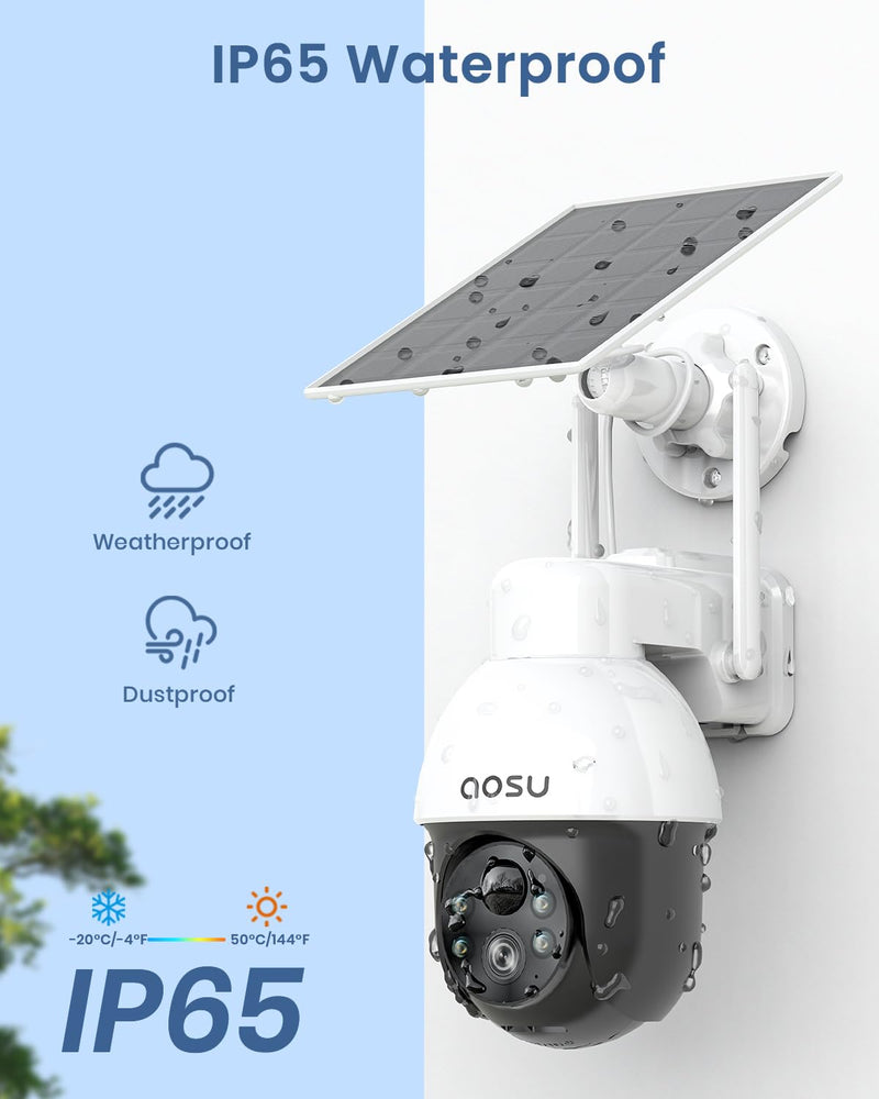 AOSU Solar Security Camera Wireless Outdoor with Panoramic PTZ, Human Auto Tracking, 2K Night Vision, Light and Sound Alarm, 2-Way Audio, Compatible with Alexa/Google Assistant Modern
