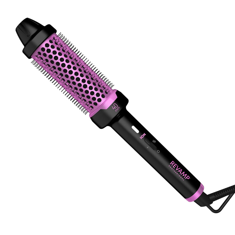 REVAMP Ceramic Hot Brush Styler - Ionic, Fast Heat, Pink Edition, 40 mm | Round Barrel Heated Curling Brush, Volumising, Thermal Styling, Blowout, Waves & Bouncy Curls