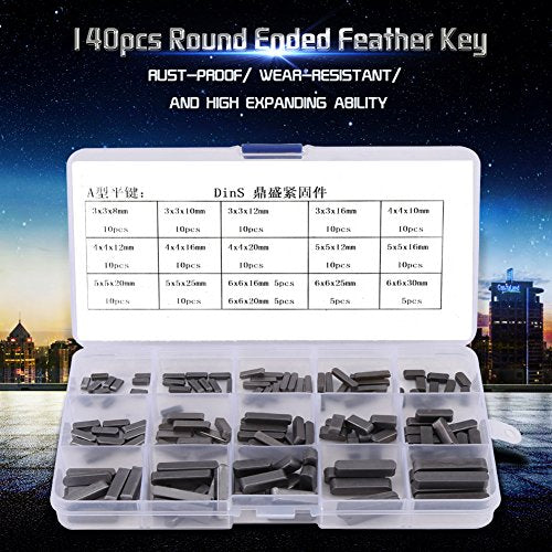 140pcs Shaft Key Assortment Kit Stainless Steel Flywheel Pulley Crank Way Round Ended Feather Key Set Steel Machine Keyway Assortment Key Stock Assortment for Fastening Equipments