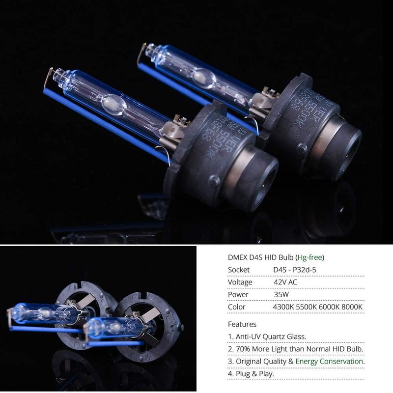 DMEX D4S 35W Xenon Headlight HID Bulbs 6000K Cool White 66440 42402 42402WX Replacement - Pack of 2(Not fit Halogen Headlight Assembly)