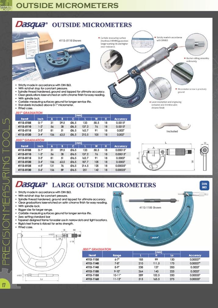 HHIP 4200-0152 C-Type Outside Micrometer, .0001" Graduation, 1-2" 1-2" Single