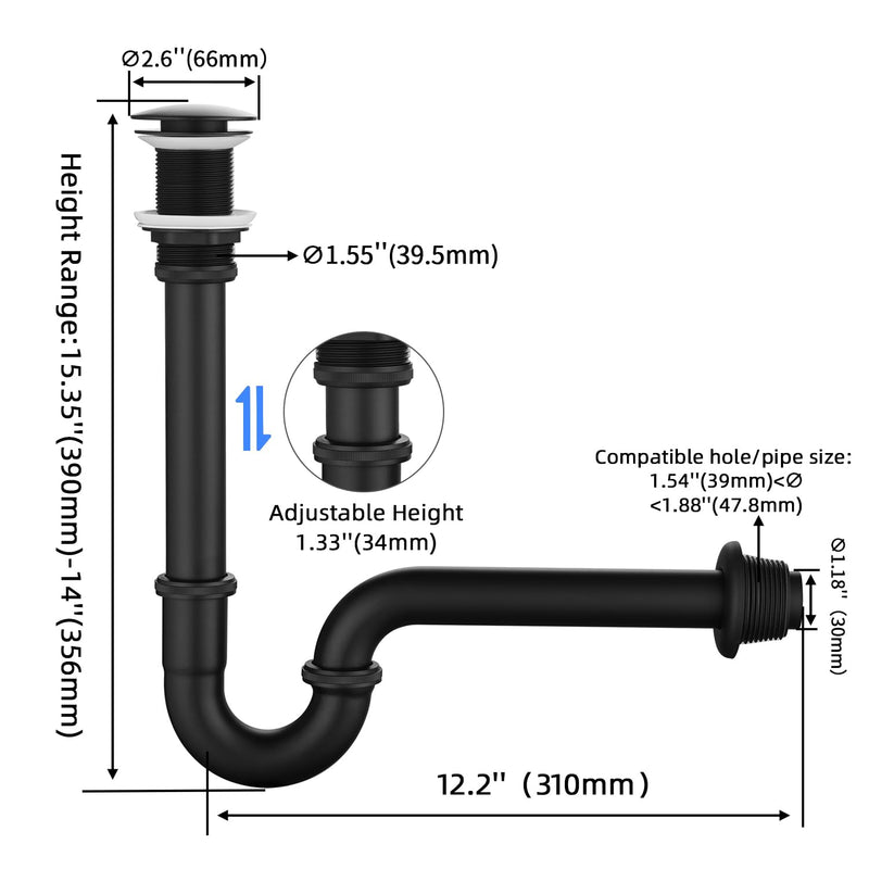 Bathroom Sink Stopper Bottle Trap, U-Shape 1-1/4 inch Slip Inlet Drain Complete Kit, Lavatory Sink Stopper Set NO Overflow, Matte Black, Pls Measure ur Sink Hole Size Before Order U03-Set NO Overflow