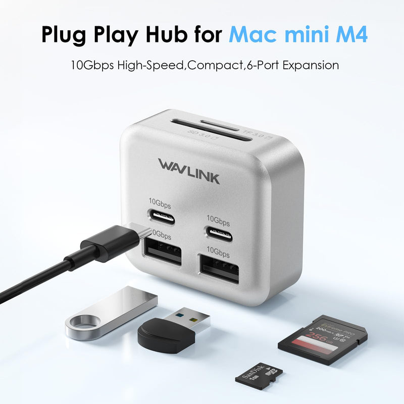 Mac mini M4 Hub, WAVLINK 6-Port Mac mini Hub | 2*10G USB-C, 2*10G USB-A,SD3.0 Card Reader, High-Speed Data Transfer & Multi-Device Connectivity for Mac mini M4 and M4 Pro