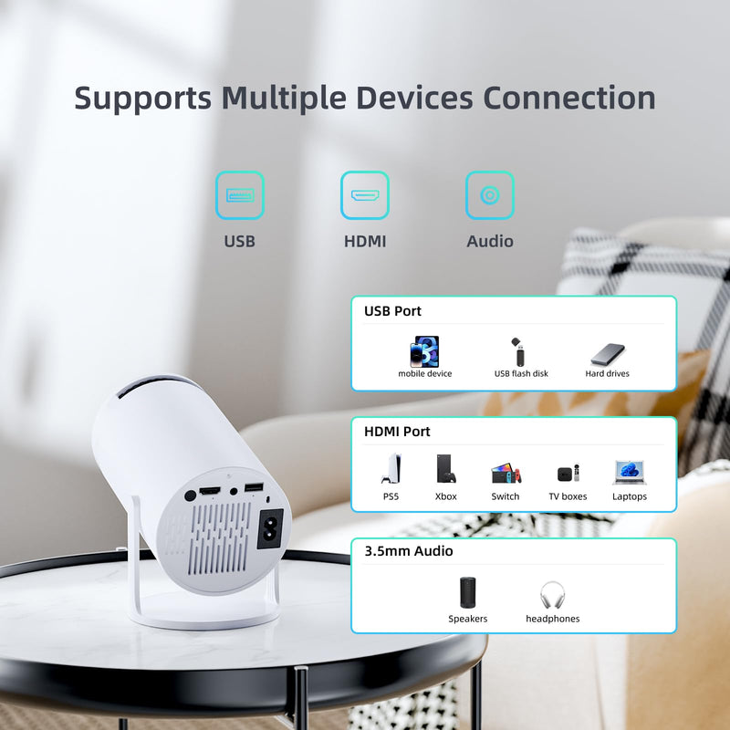 Mini Smart Vision Beam Projector, with Build In APP, Wifi 6 and Bluetooth 5.0, 720P, 1.2-4M Projection Distance ,40"-130" Projector Size, Portable, for Home, Office, Party