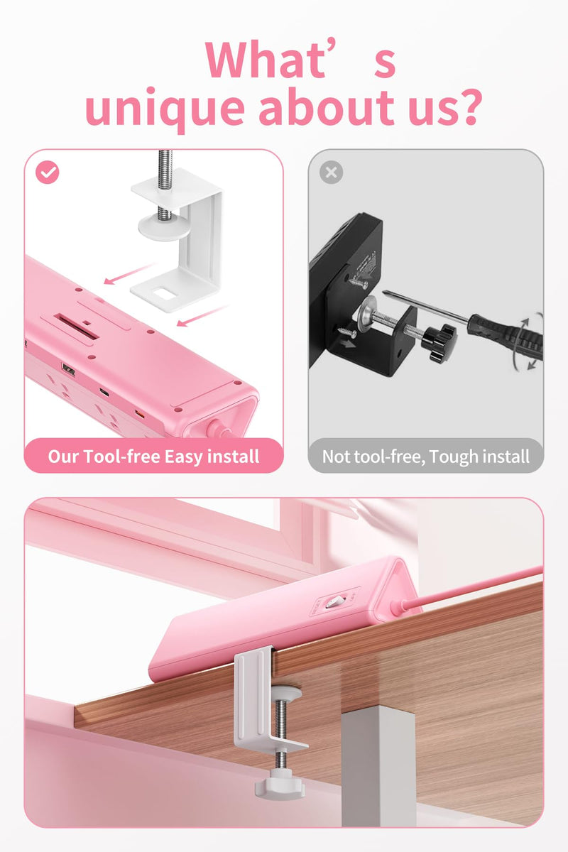 SMALLRT Pink Desk Clamp Power Strip with 6.5 FT Extension Cord, PD 40W USB-C Fast Charging Ports, 5 AC Outlets 4 USB-C 2 USB-A, Fits 2.1 inch Table Edges