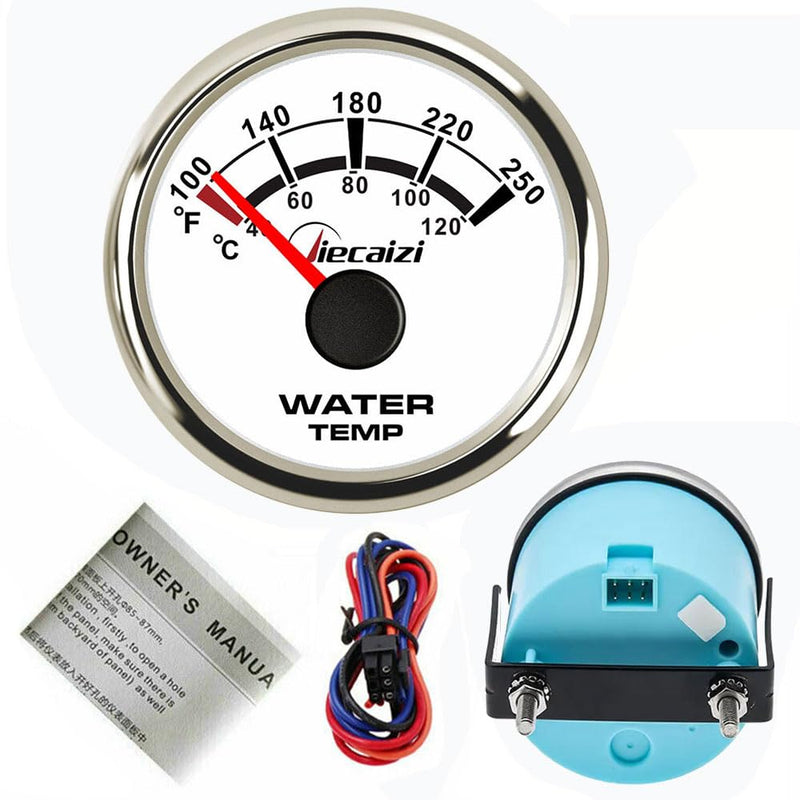 52mm/2-1/16" Water Coolant Temp Gauge & Sender Set 287.4-22.4 ohms 40-120°C/100-250°F Temperature Range 1/8" NPT Durable Stainless Steel Design IP67 Protection White face with chrome ring