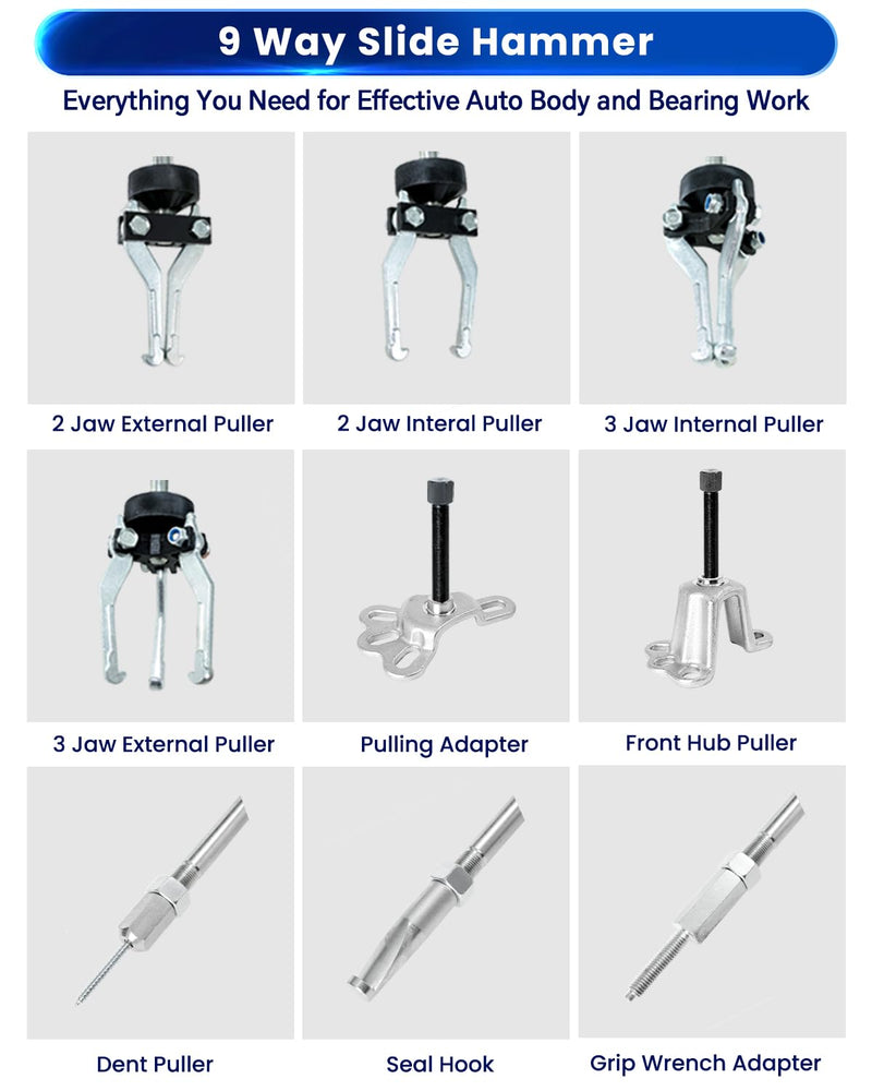 ATPEAM 9-Way Slide Hammer Puller Set | Front Wheel Hub Bearing Remover & Rear Wheel Axle Hub Dent Shaft Puller Tool Kit 19pcs Polished Chrome Finish Slide Hammer