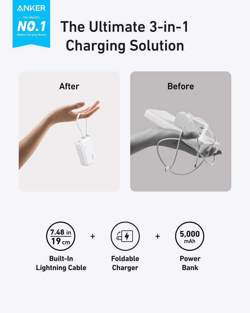 Anker Power Bank USB C Charger Block,3-in-1 5,000mAh Portable Charger with Built-in Lightning Cable and Foldable AC Plug,30W Max Compact Battery Pack,for iPhone 14 Series, Galaxy, MacBook,and More