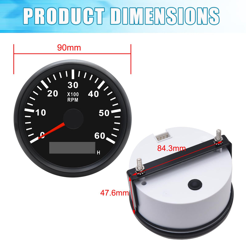 Geloo 85MM Marine Tachometer Outboard Waterproof 6000RPM Boat RPM Tacho Meter with LCD Digital Hour Meter Red Backlight for Car Truck Diesel Engine 9-32V Black
