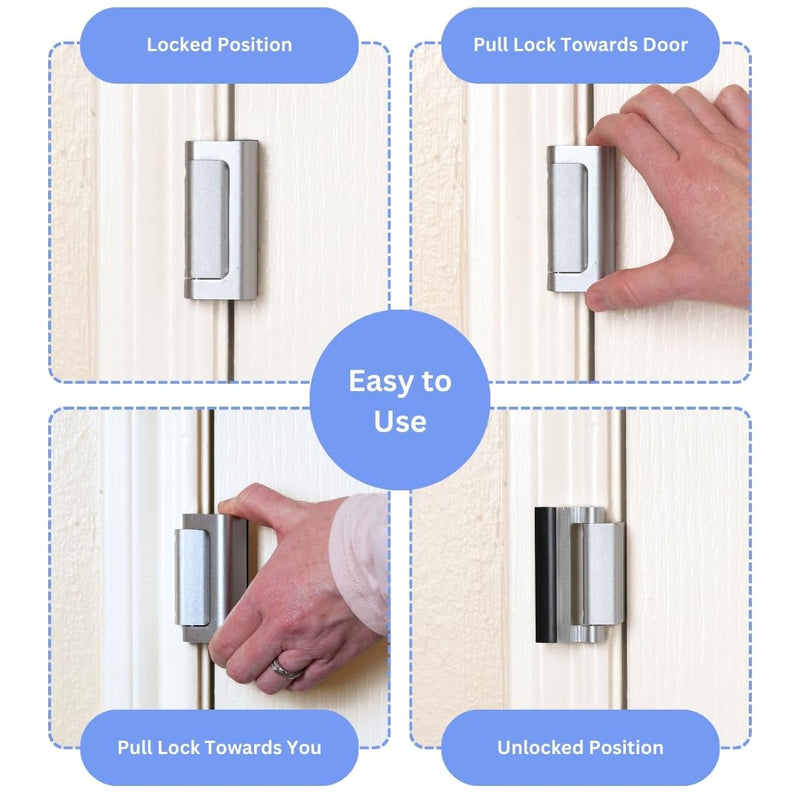 A-Four Home Security Door Reinforcement Lock 3 Pack - Durable Aluminum Alloy, Withstands 800 lbs of Force, Family and Child Safety Locks for Doors with 24 Stainless Steel Screws, Silver Finish Pack of 3