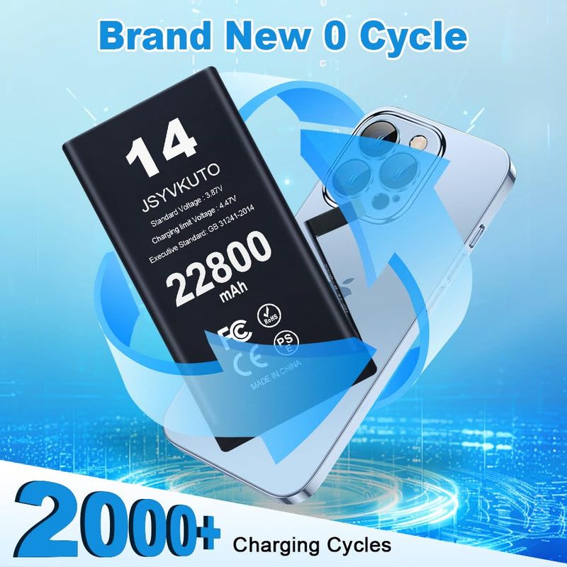 22800mAh Battery for iPhone 14, New 0 Cycle Upgraded Higher Capacity Replacement Battery for iPhone 14 with Full Set Repair Tool Kit, Model A2882, A2649, A2881, A2884, A2883 14-22800