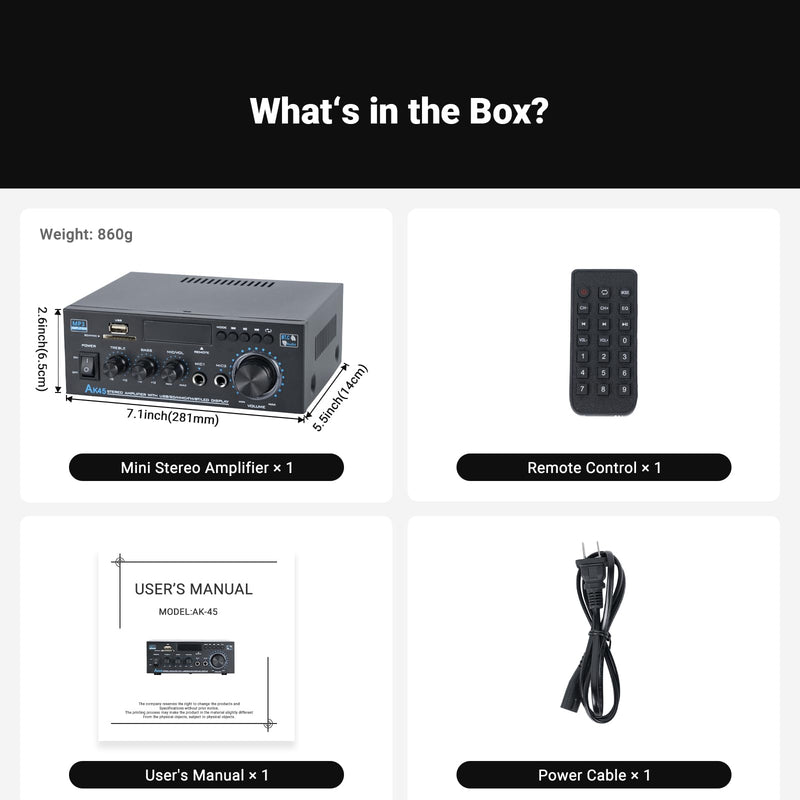 Bluetooth Stereo Receiver &Home Audio Amplifier, 300Wx2 2-Channel for Home Theater & Bookshelf Speakers, w/FM Radio Karaoke, w/USB/SD/RCA/MIC/FM in, with Remote Control, for Garage Bar Party