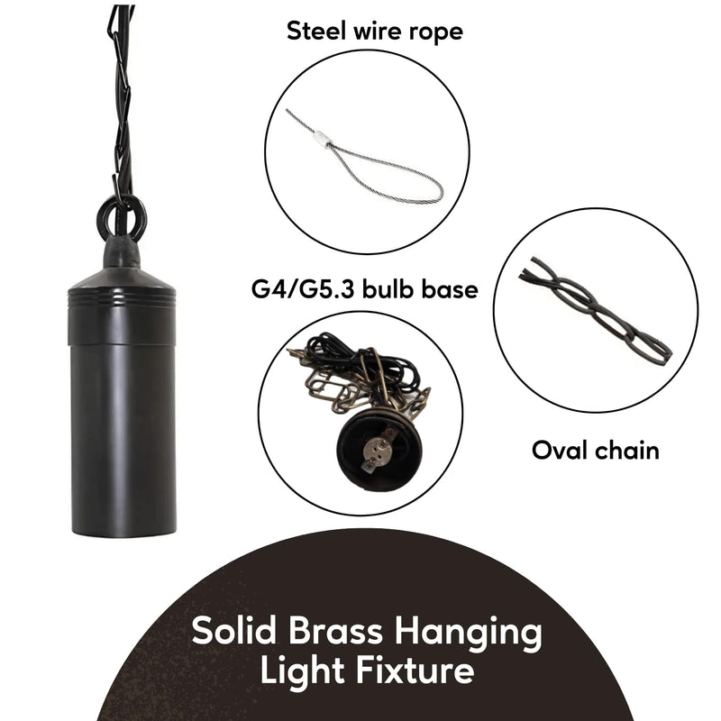 Ironsmith Lighting Products Solid Brass Hanging Light Fixture - 12V Bi-Pin Socket Hanging Cable and Decorative Hanging Chain Included Pendant Lights - Halogen or LED Light Bulbs Compatible