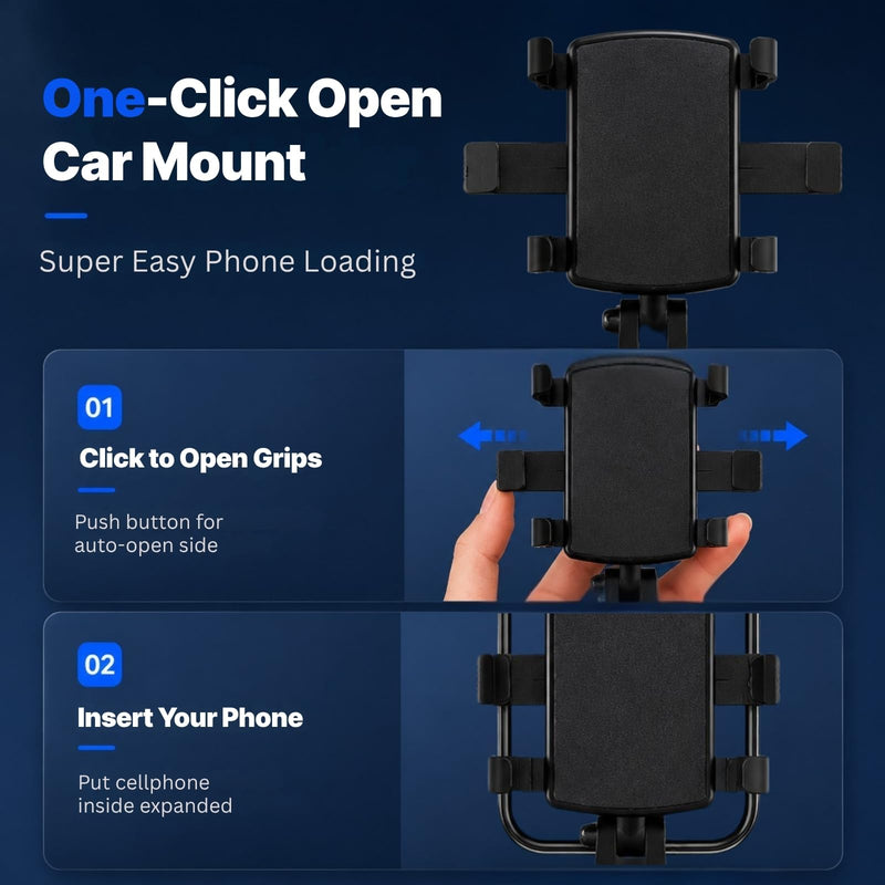 Car Phone Holder, Dashboard Clip Mount, 360° Rotation for 4–7" Phones | Dashboard Clip Mount, 360 Degree Rotation, Sun Visor & Rearview Mirror Use, Strong Spring Clamp, No Suction Residue Black