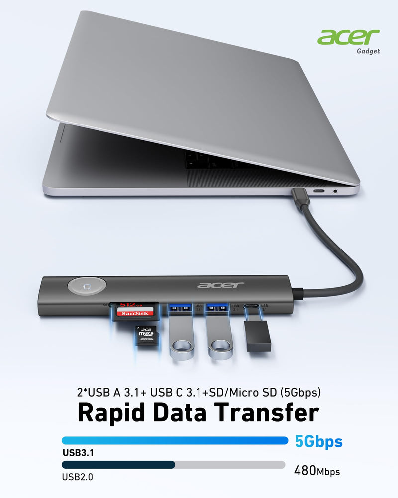  [AUSTRALIA] - Acer 4K@60Hz USB C Hub, 7 in 1 USB C to HDMI Splitter with USB-A 3.1 & Type-C Data Port, 100W PD & SD Card Reader, USB-C to HDMI Adapter for iPad Pro MacBook Pro Laptops & Other Type C Device - Black