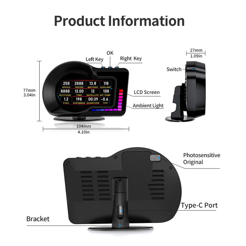 OBD2 Gauge Display, Car Speedometer Display OBD2+GPS Dual Mode, Fit Gasoline Cars 2008-2025, 3.5" IPS Screen, Turbo Gauge, 6 Alerts, 8 Color Ambient Lights, 5 Themes F16