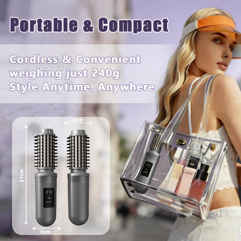 Cordless Hair Curling Iron Brush Rechargeable Battery-Powered, 3-in-1 Portable Hot Straightener Curling Comb 3 Temperature Settings with LCD Display White