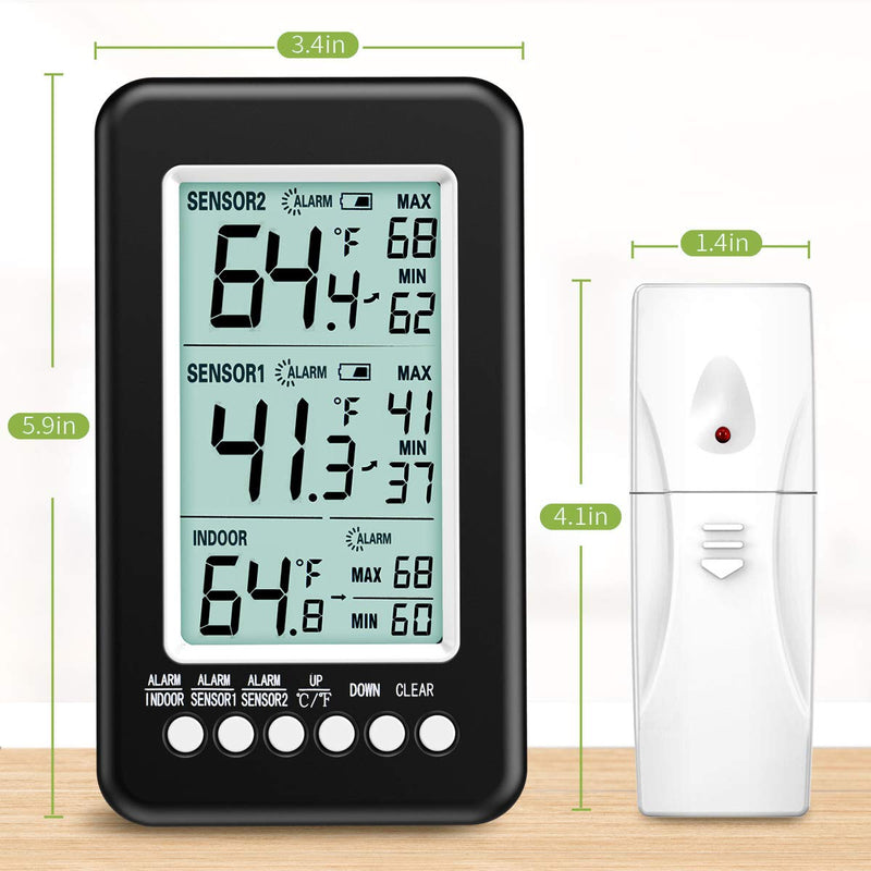 KeeKit Refrigerator Thermometer, Wireless Indoor Outdoor Thermometer with 2 Sensors, Digital Fridge Thermometer with Audible Alarm, Temperature Gauge for Freezer, Restaurants, Bars