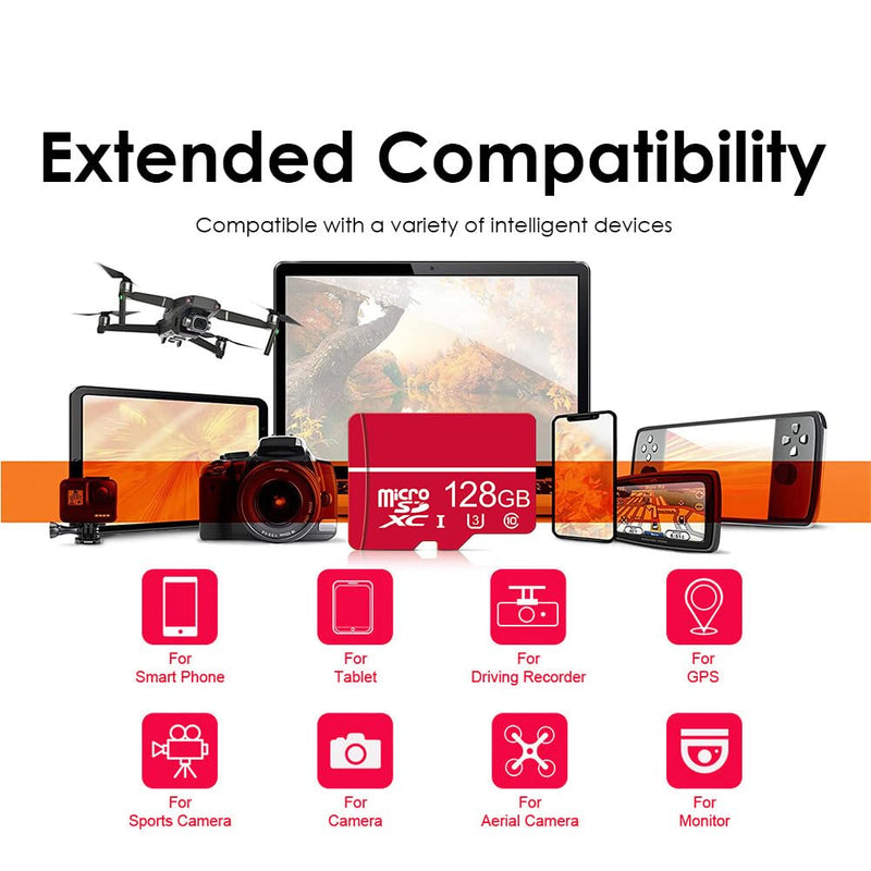 128GB Micro SD Card C10 U3 V30 A2 4K Video for Dash Cam Security Camera Smartphones Tablets & Gaming, High Speed Memory Card （Red